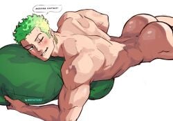 anal bed big_ass big_butt black_hair bubble_ass bubble_butt erection gay green_hair grin legs_apart lying male male_focus male_only morning muscle nude one_piece penis pillow power_bottom roronoa_zoro scar sevaztian size_difference small_dom_big_sub thrusting_into_ass waking_up yaoi