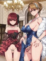 2futas angry anime_nose artist_name backless_dress backless_outfit balls ballsack bar_censor big_breasts big_penis blush bottomless_futanari breasts brown_hair censored clothed clothing cocktail_dress dangling_testicles detailed_background dress dress_lift duo evening_gown feather_boa flaccid_penis foreskin foreskin_folds futa_only futanari human intact light-skinned_futanari light_skin long_foreskin long_hair looking_at_viewer low_hanging_balls mostly_clothed multiple_girls navel nipples original penis penis_size_difference plunging_neckline pubic_hair red_dress retracted_foreskin scrotum shaved_crotch short_hair small_penis smooth_penis standing testicles twitter_username uncut unretracted_foreskin yasumi22842620