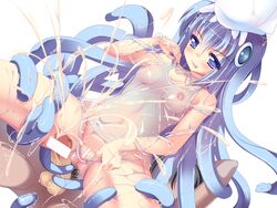 blue_hair cum ikamusume long_hair natsumiya_yuzu nipples one-piece_swimsuit see-through shinryaku!_ikamusume swimsuit tentacle tentacle_hair thigh_grab vagina