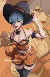 big_ass big_breasts blue_eyes blue_hair halloween halloween_costume majo_taisen marie_curie