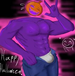 abs blush blushing_at_viewer boxers bulge bulge_through_clothing halloween humanoid muscular open_pants pecs pumpkin_head smiling solo solo_focus solo_male wink winking_at_viewer