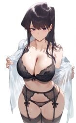 ai_generated ass_visible_through_thighs bare_belly bare_shoulders belly_button black_bra black_panties black_thighhighs blush bra breasts cleavage closed_mouth collarbone embarrassed garter_straps huge_breasts komi-san_wa_komyushou_desu komi_shouko lace-trimmed_bra lace-trimmed_panties lingerie long_hair panties purple_eyes purple_hair removing_shirt setsuaiart shiny_skin sweat sweaty_body thick_thighs thighhighs thighs underwear zettai_ryouiki