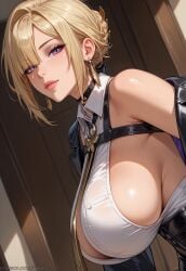 ai_generated alternate_version_at_source big_breasts blonde_hair bodyguard breasts evelyn_chevalier female hypet indoors looking_at_viewer pants purple_eyes short_hair sideboob tagme video_games zenless_zone_zero