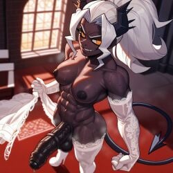 abs ai_generated church dark-skinned_futanari demon demon_girl elbow_gloves foreskin futanari horns judgement_(helltaker) leaking_precum muscular muscular_futanari musk_clouds smile sweat thighhighs veiny_penis wedding_dress