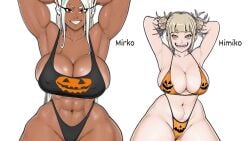 2girls abs ai_generated arms_behind_head bikini bikini_bottom bunanza_ character_name choose_your_own_adventure cleavage curvy_body curvy_female curvy_figure dark-skinned_female edited edited_image hallowehalloween himiko_toga hourglass_figure legs_apart light-skinned_female lineup medium_breasts mirko my_hero_academia panties posing_for_the_viewer print_bikini rumi_usagiyama sports_bra tagme text toned_female