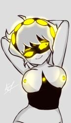 1girls 2d araa988_(artist) artist_request artist_signature female female_only glowing_eyes humanoid medium_breasts midriff murder_drones oc pointy_chin robot robot_girl robot_humanoid screen_face solo tagme white_hair yellow_eyes yellow_nipples