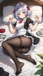 bed clothed clothes coffee female genshin_impact green_eyes maid_uniform medium_breasts noelle_(genshin_impact) short_hair solo tights white_hair