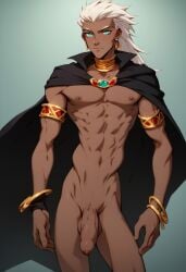 ai_generated black_cape blue_eyes dark_skin disney disney_villains earrings gay genderswap_(ftm) gold_jewelry jewelry male_focus male_only queen_la rodin666 rule_63 tarzan_(1999_film) the_legend_of_tarzan white_hair yaoi