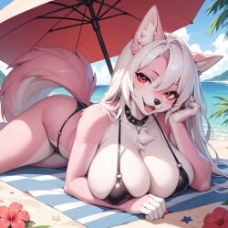 , ; ai_generated anthro beach beach_towel beach_umbrella darksorceress fur furry large_breasts wolf wolf_girl