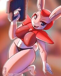 2020 4:5 anthro armor blue_eyes breasts cherry_bunny cherry_bunny_demon_hunter claws female fluffy fluffy_tail fur gun headgear helmet hi_res holding_object holding_weapon lagomorph leporid mammal multicolored_body multicolored_fur nipple_outline open_mouth open_smile pink_body pink_fur rabbit ranged_weapon rifle simple_background smile solo tail teeth tongue two_tone_body two_tone_fur vixie00 weapon white_body white_fur