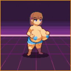 animated bad_anatomy big_breasts blue_eyes brown_hair game_cg heart_pasties holding_breast huge_breasts jean_shorts massive_breasts pasties pixel_animation pixel_art shorts spirit_valley squeezing_breast