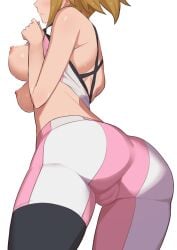 1girls ass ass_focus blush breasts brown_hair clothes_lift eyes_out_of_frame female female_only from_behind gundam gundam_build_fighters gundam_build_fighters_try highres hoshino_fumina large_breasts morisobo nipples shirt_lift simple_background solo sports_bra sportswear white_background