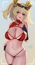 absurdres alternate_breast_size blonde_hair breasts burnice_white cleavage eyewear_on_head female highres large_breasts looking_at_viewer meginalter navel open_mouth orange_eyes panties short_hair short_twintails smile solo sunglasses thong tinted_eyewear twintails underwear zenless_zone_zero