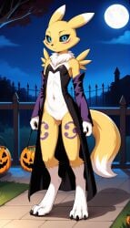 1girls 2024 ai_generated anthro black_sclera blue_eyes digimon digimon_(species) digitigrade female female_only halloween halloween_costume hi_res innie_pussy looking_at_viewer moon mostly_nude mostly_nude_female night outdoors pussy renamon white_fur yellow_fur