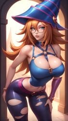 ai_generated ass ass bare_shoulders bent_over big_ass big_breasts big_butt breasts choker cleavage collarbone dark_magician_girl duel_monster glasses hand_on_hip harness hat jeans large_breasts looking_at_viewer pants simple_background sky4maleja tank_top torn_clothes torn_clothing torn_pants upper_body witch witch_hat yu-gi-oh!