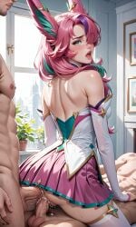 ai_generated anal anal_sex animal_ears crying cum double_penetration dress elbow_gloves from_behind green_eyes league_of_legends pink_hair pussy_juice redeemed_star_guardian_xayah riot_games sex skirt star_guardian_series thighhighs threesome vaginal_penetration xayah