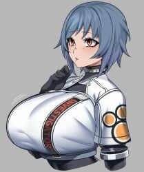 1girls black_bodysuit blue_hair bodysuit bodysuit_under_clothes bouncing_breasts breasts choker choker_collar cleavage female female_focus female_only hia_examiner highres hoyoverse huge_breasts hz_666v large_breasts looking_up mihoyo npc npc_(zenless_zone_zero) red_orange_eyes short_hair simple_background slightly_open_mouth thinking white_background woah zenless_zone_zero