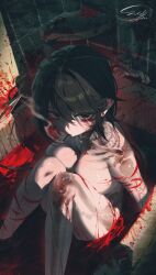absurdres ahoge bath bath_of_blood black_hair blood blood_on_body breasts collarbone commentary_request demon_tail female from_above highres long_hair looking_at_viewer nude original red_eyes sitting small_breasts smoking solo sushispin tail