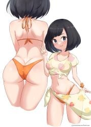 1girls adapted_costume artist_name ass bikini bikini_under_clothes black_eyes black_hair breasts butt_crack creatures_(company) emixxcerberus floral_print flower front-tie_bikini game_freak hi_res hourglass_figure looking_at_viewer matching_hair/eyes medium_hair multiple_views navel nintendo orange_bikini pokemon pokemon_sm sarong see-through see-through_clothing selene_(pokemon) simple_background small_breasts smile solo swimsuit thigh_gap thighs v white_background wide_hips