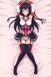 ai_generated armpits arms_behind_head arms_up bangs bed bed_sheet black_clothes black_eyes black_hair black_legwear black_thighhighs blush bondage boots bound_arms bound_wrists bow bow_panties braid breasts closed_mouth clothes_lift clothing dakimakura dakimakura_(medium) detached_sleeves female footwear full_body garter_straps gloves hair_ornament himekawa_hayuru kadokawa kadowaka large_breasts legwear lingerie long_hair looking_at_viewer lying masou_gakuen_hxh medium_breasts on_back on_bed pantsu restrained rope skirt skirt_lift sleeveless solo teen teen_girl teenage teenage_girl teenager thigh_boots thighhighs thighs tied_hair twin_braids underwear uniform white_panties white_underwear