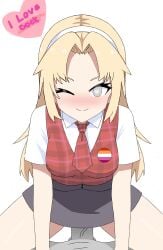 1boy 1girls anon beatrice_luna_reden bibi_reden blonde_hair i_love_amy lesbian_pride_colors male_pov medium_breasts necktie orientation_play plaid pov school_uniform sex unepicroachy_(leepicmochi) vaginal_penetration