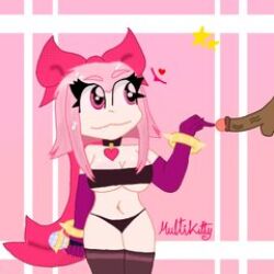 1girls black_bra black_panties boop bracelet brawl_stars interracial melodie_(brawl_stars) microphone multikitty penis pink_hair purple_gloves touching_penis