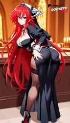 ai_generated ass ass_focus blue_eyes boosterred99 from_behind from_behind_position full_body heels high_heels high_school_dxd large_breasts leaning_forward legs long_hair long_sleeves navel nun nun_habit nun_hat nun_outfit perfect_body pony_diffusion_xl red_hair rias_gremory seductive_smile stokings voluptuous