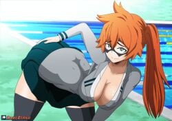 1girls ass bangs bent_over big_ass big_breasts blunt_bangs cleavage clothed clothed_female clothes dat_ass domino_mask female female_only green_eyes hand_on_ass hand_on_own_ass huge_ass itsuka_kendou kami_otaku kendou_itsuka large_breasts legwear looking_at_viewer mask my_hero_academia orange_hair ponytail pool poolside posing school_uniform schoolgirl smile standing stockings tied_hair water