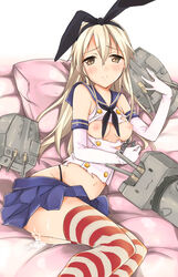 after_sex blonde_hair blush breasts cum cum_in_pussy elbow_gloves female gloves hairband kantai_collection long_hair looking_at_viewer navel nipples personification pillow rensouhou-chan shimakaze_(kantai_collection) skirt solo striped striped_legwear thighhighs torn_clothes white_gloves yu_yu