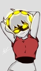 araa988_(artist) artist_request artist_signature black_skin crop_top glowing_eyes medium_breasts midriff midriff_baring_shirt murder_drones oc pointy_chin robot_girl tagme white_hair white_skin yellow_eyes