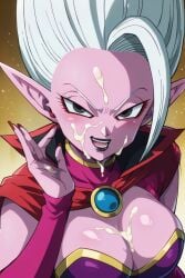 1girls ai_generated armwear big_breasts breasts cape clothed_female clothes collar cum cum_on_breasts cum_on_face demon dr._arinsu dragon_ball dragon_ball_daima female female_focus female_only nami_sawn0_0 pointy_ears purple_eyes purple_skin smile white_hair