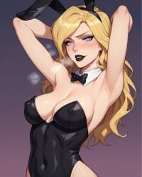 1girls ai_generated armpits arms_behind_head black_canary black_lipstick blonde_hair blue_eyes blush bowtie breasts bunny_ears bunnysuit cleavage covered_navel covered_nipples dc dc_comics detached_collar fake_animal_ears fake_bunny_ears female gradient_background hands_behind_head heart-shaped_pupils heavy_breathing leotard long_hair looking_at_viewer medium_breasts notreallyhere perky_breasts smile solo standing upper_body