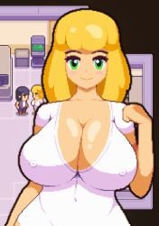 1girls big_breasts blonde_hair blush breasts cleavage female_only game_cg green_eyes light-skinned_female light_skin nipples nipples_visible_through_clothing nurse pixel_art solo spirit_valley