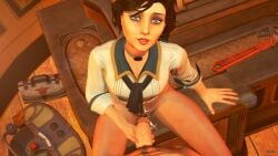 1boy 1girls 3d bioshock bioshock_infinite blue_eyes brown_hair durabo elizabeth_comstock female female_focus handjob long_hair male male_pov ponytail pov pubes pubic_hair sex tagme