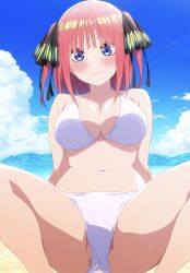 ai_generated belly_button bikini blush breasts go-toubun_no_hanayome inviting nakano_nino slim_waist stomach swimsuit water