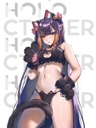 amatto belly_button blush bra cat_ears cat_lingerie cat_tail catgirl hololive hololive_english hololive_myth looking_at_viewer midriff ninomae_ina'nis panties sweatdrop thick_thighs thighs virtual_youtuber vtuber