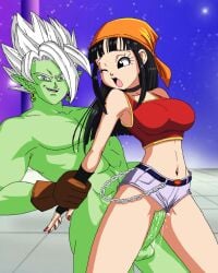 1boy 1girls aged_up ai_generated bandana big_breasts big_penis breasts dragon_ball dragon_ball_gt dragon_ball_super female large_penis male orange_bandana orange_bandanna pan_(dragon_ball) penis potara_earrings sex straight zamasu