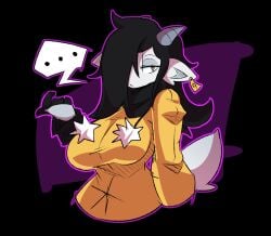 ... 1boy animal_ears bangs_over_one_eye big_breasts black_hair black_scarf breasts busty_boy caprine ear_tag earring eyeshadow femboy furry goat_humanoid gray_fur hoodie horns huge_breasts nonarycubed scarf simple_background solo tail verah_(nonarycubed) yellow_eyes yellow_hoodie