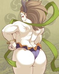 ass back bracelet breasts brown_hair clenched_hand eyeliner female from_behind hand_on_hip hikimayu horns jewelry long_hair makeup maou_alba muramasa_the_demon_blade muscle muscular_female nail_polish pointy_ears raijin_(muramasa) sideboob solo topless yellow_eyes