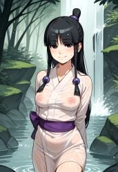 1girls ai_generated areolae black_hair breasts_visible_through_clothing gyakuten_saiban light-skinned_female light_skin maya_fey nipples nipples_visible_through_clothing pikkiwynn robe see-through tied_hair topknot waterfall wet wet_body wet_clothes wet_clothing