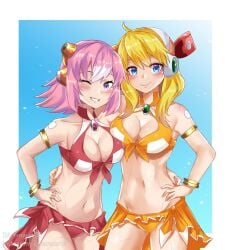 2girls alia big_breasts blonde_hair blue_eyes emarex96 hug_from_side mega_man mega_man_x mega_man_x_dive nana_(mega_man) one_eye_closed orange_swimsuit pink_hair red_swimsuit robot_girl swimsuit