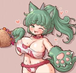 1girls areolae arinu aunn_komano belly belly_button big_breasts blush breasts collar color colored curvy curvy_figure dog_collar dog_girl dog_tail erection_under_clothes female female_only green_eyes green_hair heart huge_breasts nipples partially_clothed solo solo_female sweat sweatdrop touhou visible_nipples youkai