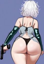 1girls ai_generated bottom_heavy curvy curvy_hips depth_of_field forced_perspective gun honey_gal latex_armwear latex_boots latex_thighhighs latex_underwear medium_ass nightgown original_character posing_with_weapon rear_view solo ssktch underwear wedgie