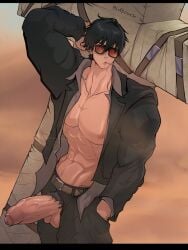 abs arm_behind_head bara bara_tits bidbrock big_pecs big_penis black_hair jacket male male_focus male_only muscular muscular_male nicholas_d_wolfwood nipples open_jacket pants pecs penis pierced_genitals pierced_penis piercing ripped_pants solo solo_male trigun veiny_penis