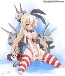 blonde_hair blue_eyes blush breasts elbow_gloves female ginko_(silver_fox) gloves hairband innertube kantai_collection kneeling long_hair looking_at_viewer nipples personification pussy rensouhou-chan shimakaze_(kantai_collection) skirt solo striped striped_legwear thighhighs white_gloves