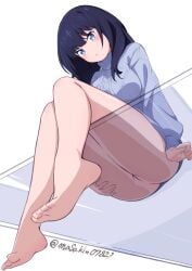 against_glass ass barefoot black_hair blue_eyes blush bottomless breasts feet female from_below gridman_universe gridman_universe_(film) highres long_hair long_sleeves looking_at_viewer looking_down masakin pussy sitting soles solo sweater takarada_rikka thighs toes turtleneck turtleneck_sweater twitter_username uncensored