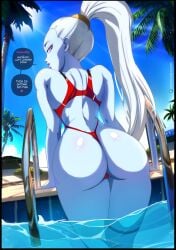 1girls angel_(dragon_ball) ass ass ass_focus back back_view bare_arms bare_legs bare_shoulders bare_thighs big_ass big_butt clothed clothing color dragon_ball dragon_ball_super english_text felox08 female female_focus female_only hi_res light-skinned_female light_skin long_hair looking_at_viewer one-piece_swimsuit pool purple_eyes solo solo_female swimwear tagme text thick_thighs vados water white_hair