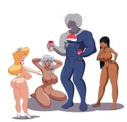 1boy 3girls animaniacs atlantis:_the_lost_empire big_ass big_breasts black_hair blonde_hair buff_male chain_necklace chel_(the_road_to_el_dorado) cristaldrawings earrings eyelashes eyes_closed faceless_male hello_nurse kida looking_at_another makeup necklace nurse_cap pepsi pepsiman sodas tan_skin the_road_to_el_dorado tongue tongue_out white_hair worried worried_expression