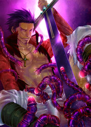 1boy dracule_mihawk emily_kujoh kyuujou_emiri male male_only one_piece open_clothes sitting solo sword tentacle tentacle_on_male tentacles_on_male weapon