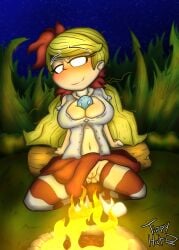 blonde_hair campfire cleavage clothed don't_starve dont_starve_together fire flashing_pussy looking_at_viewer mushroom night object_in_breasts outdoors pov pussy pussy_exposed redraw skirt skirt_lift smile solo stockings striped_legwear tippyhat_(artist) wendy_(don't_starve)